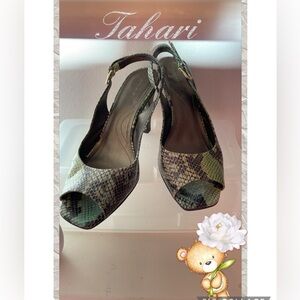 TAHARI GREEN AND BLACK PEEP TOE 🐍SNAKESKIN SLINGBACK HEELS NWOT~WORN ONCE SZ:8